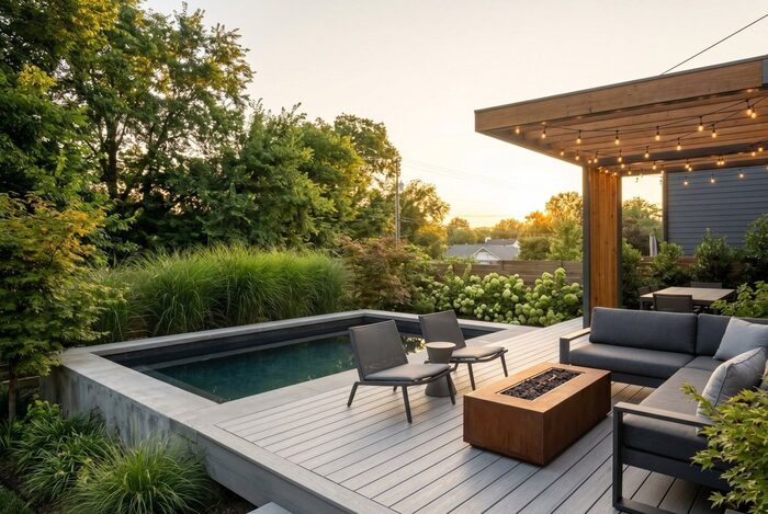 Deck, fire-table and plunge pool at dusk