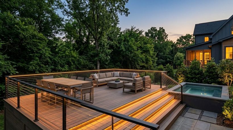 Deck, pool & pergola at dusk